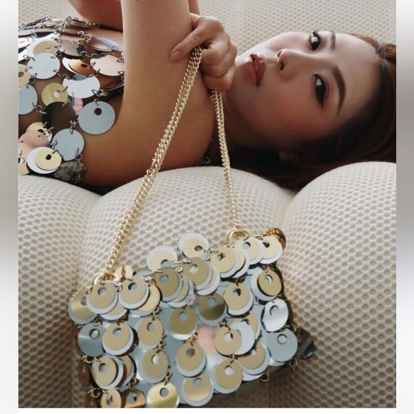 PACO RABANNE X H&M SILVER GOLD SEQUIN DISC EMBELLISHED CHAIN SHOULDER BAG NWT! - Picture 1 of 14